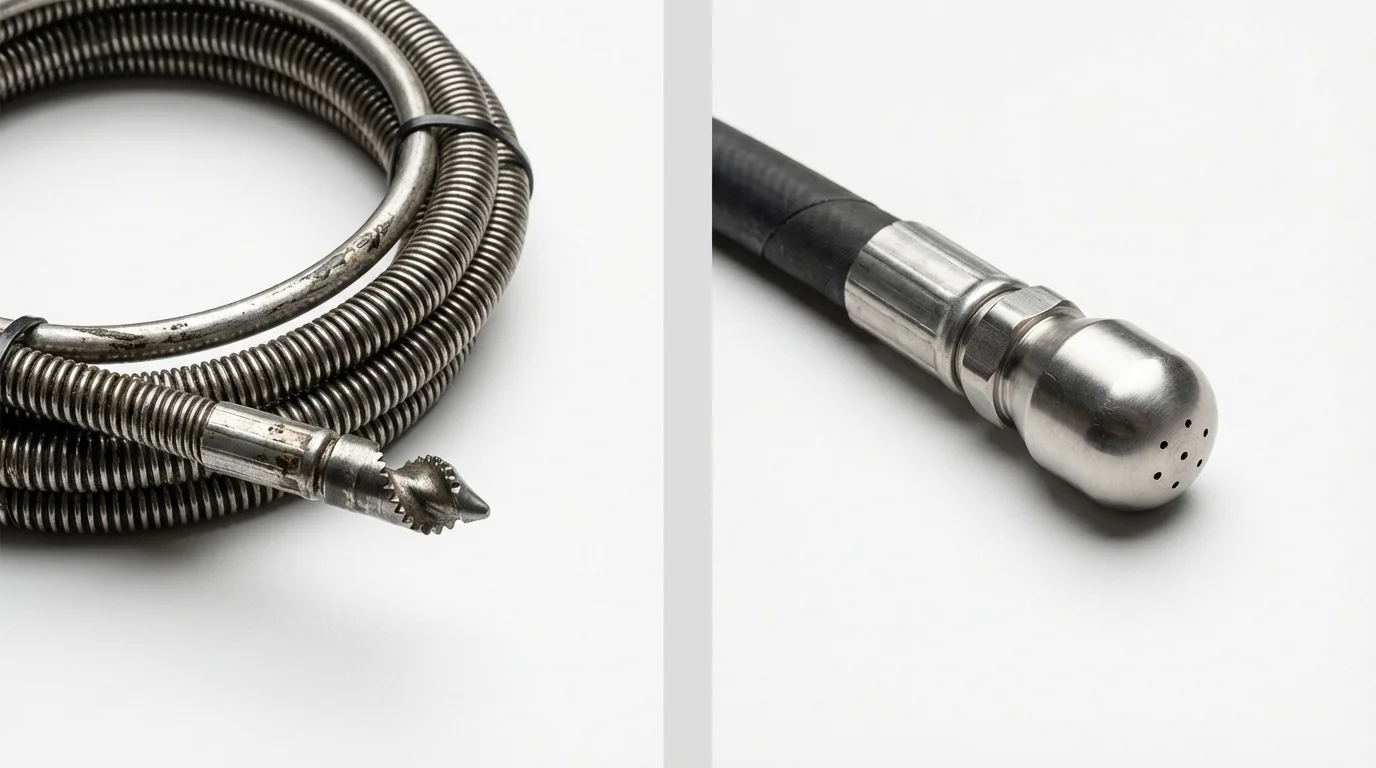 Drain snake cable and hydro jetting nozzle used for drain cleaning in Dayton, NJ