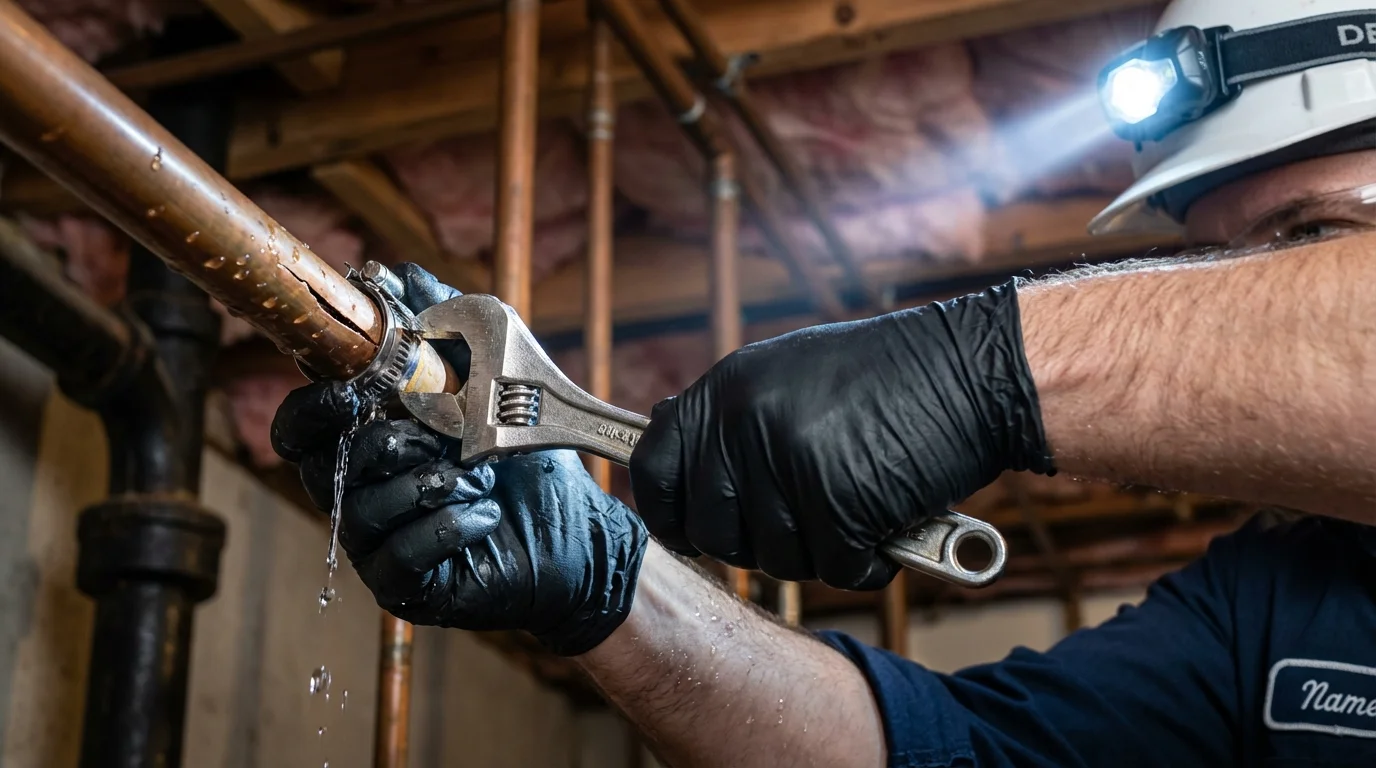 Emergency pipe clamp repair being performed by a Johns Plumbing LLC plumber in Dayton