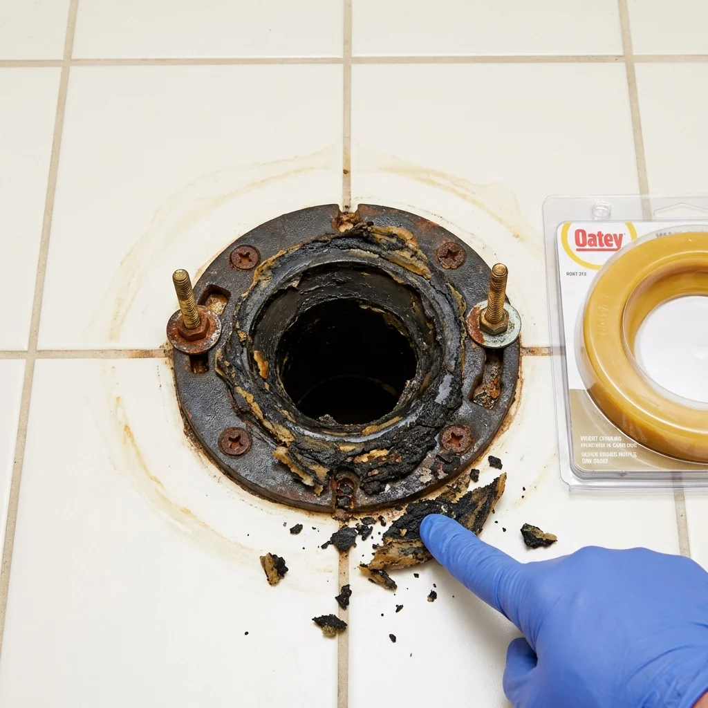 Failed wax ring showing water seepage at the base of a toilet in a Dayton, NJ home