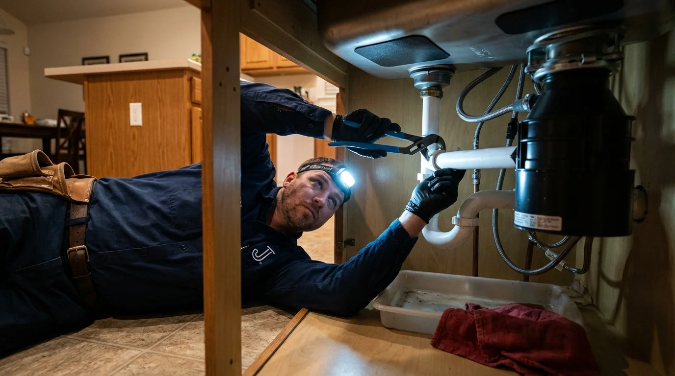 P-trap and supply line connections under a kitchen sink showing a common leak point in Dayton, NJ